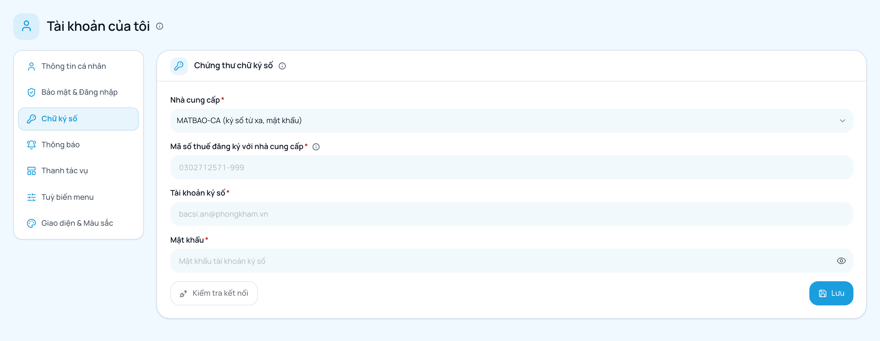 Khai chứng thư chữ ký số ở trang cá nhân của bác sĩ