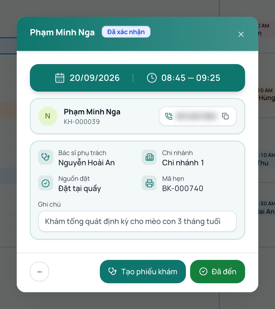 Hộp thoại chi tiết lịch hẹn
