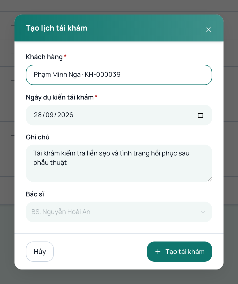 Chi tiết mốc tái khám và nhật ký liên hệ