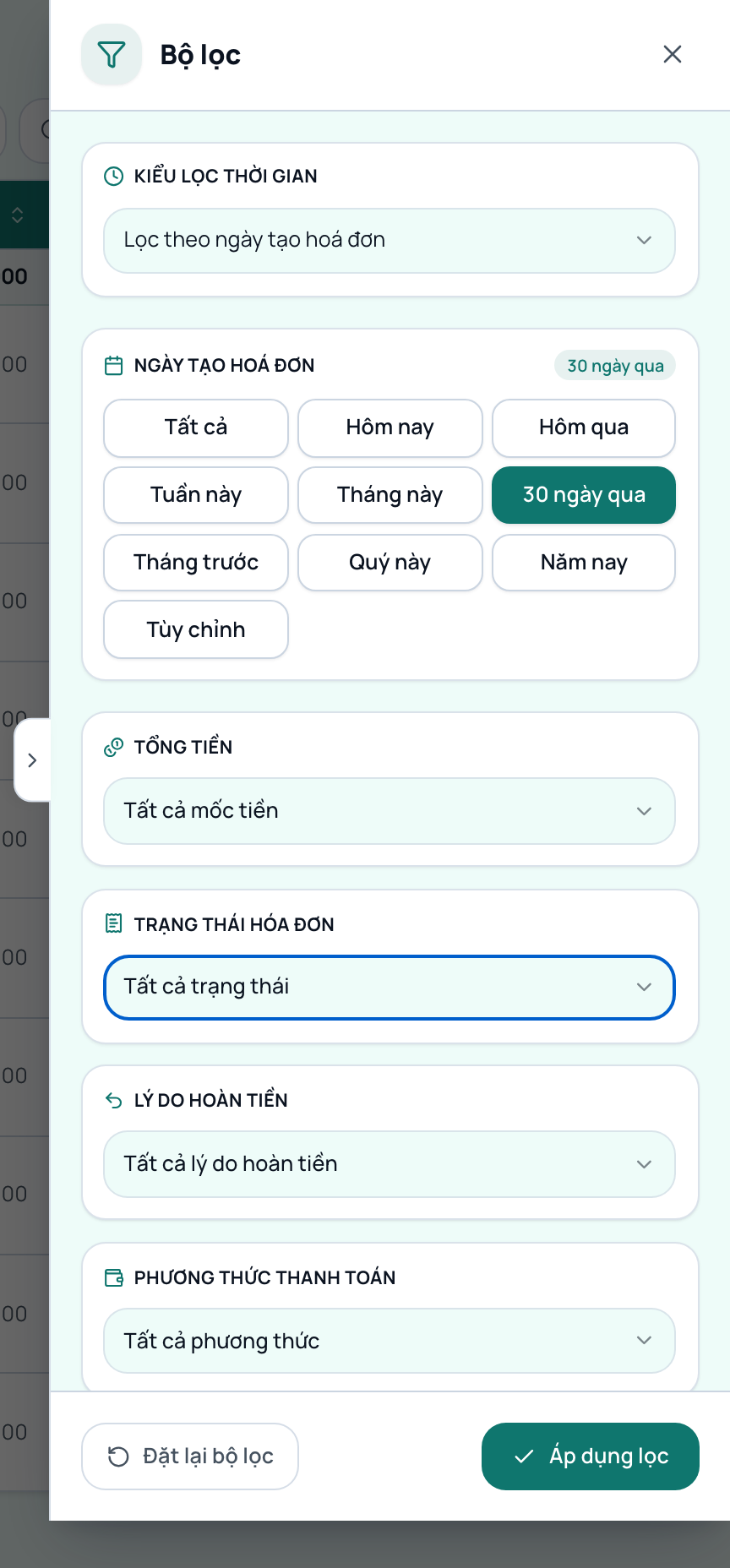 Bộ lọc chi tiết trên màn hình Lịch sử đơn hàng