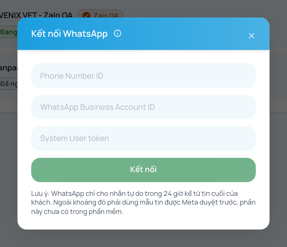 Hộp thoại kết nối WhatsApp