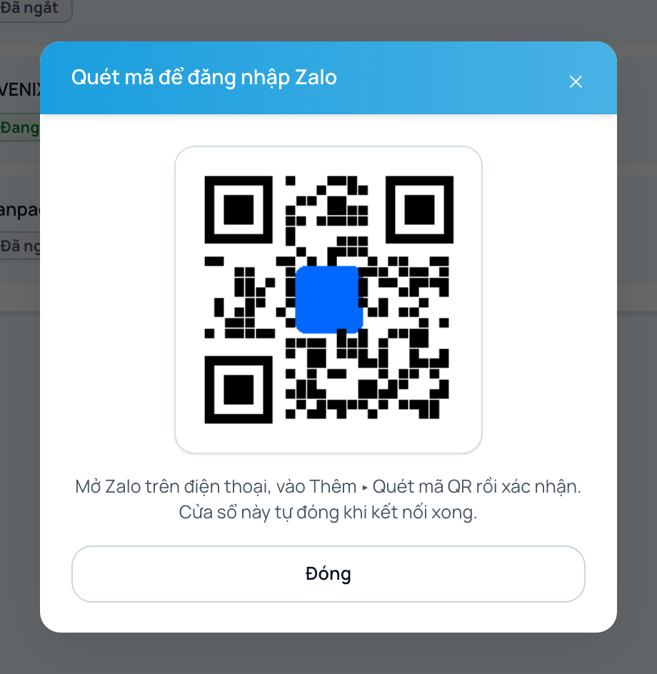 Hộp thoại quét mã QR Zalo cá nhân