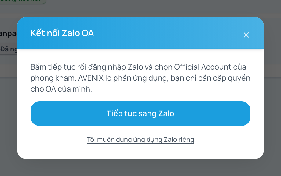 Hộp thoại kết nối Zalo OA