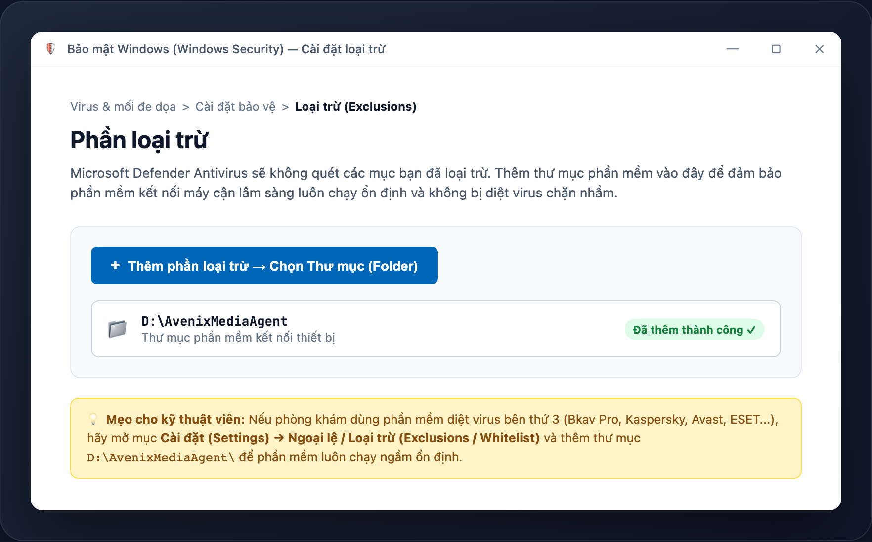 Thêm thư mục phần mềm vào danh sách loại trừ quét virus trong Windows Security