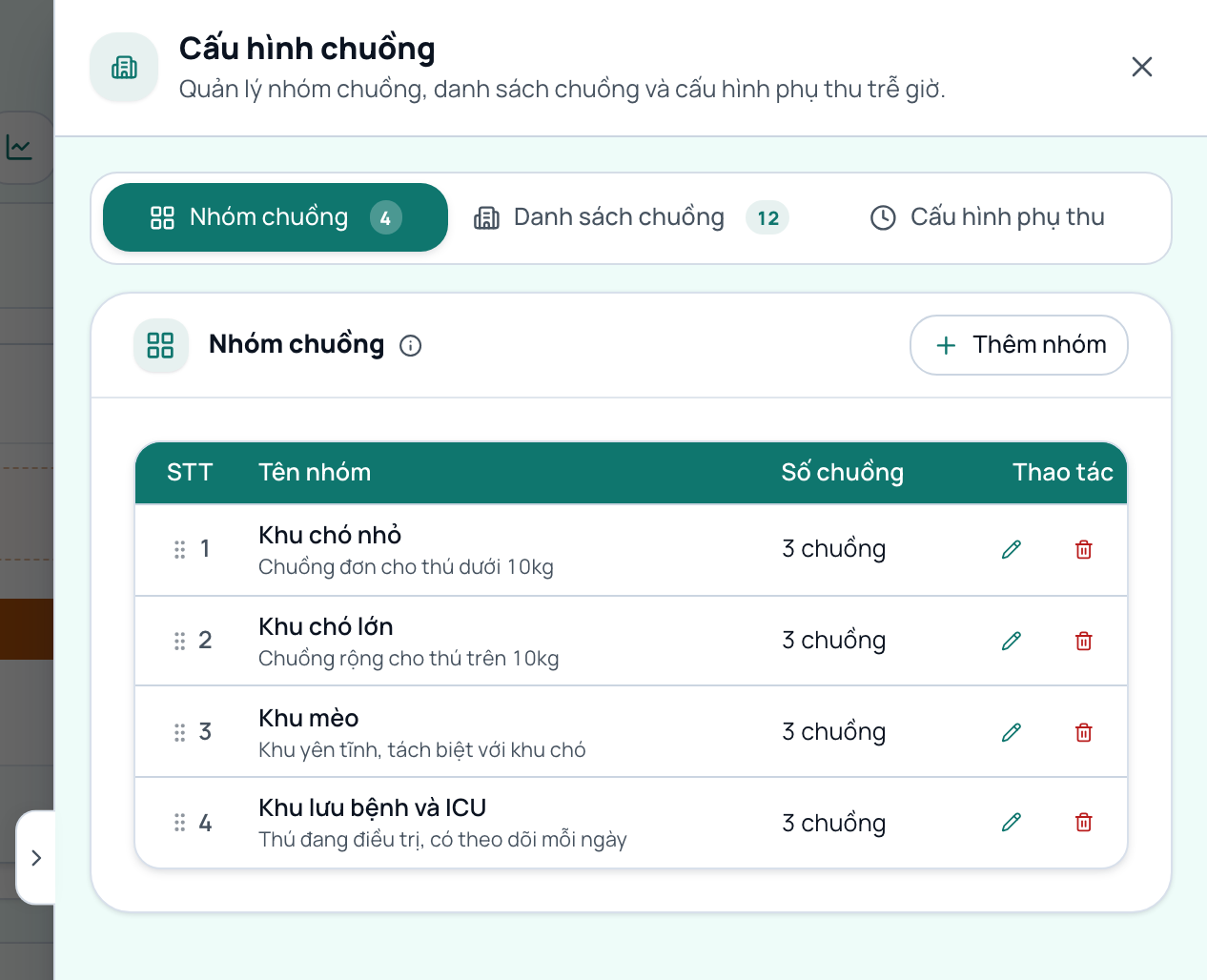 Quản lý nhóm khu vực và danh mục chuồng