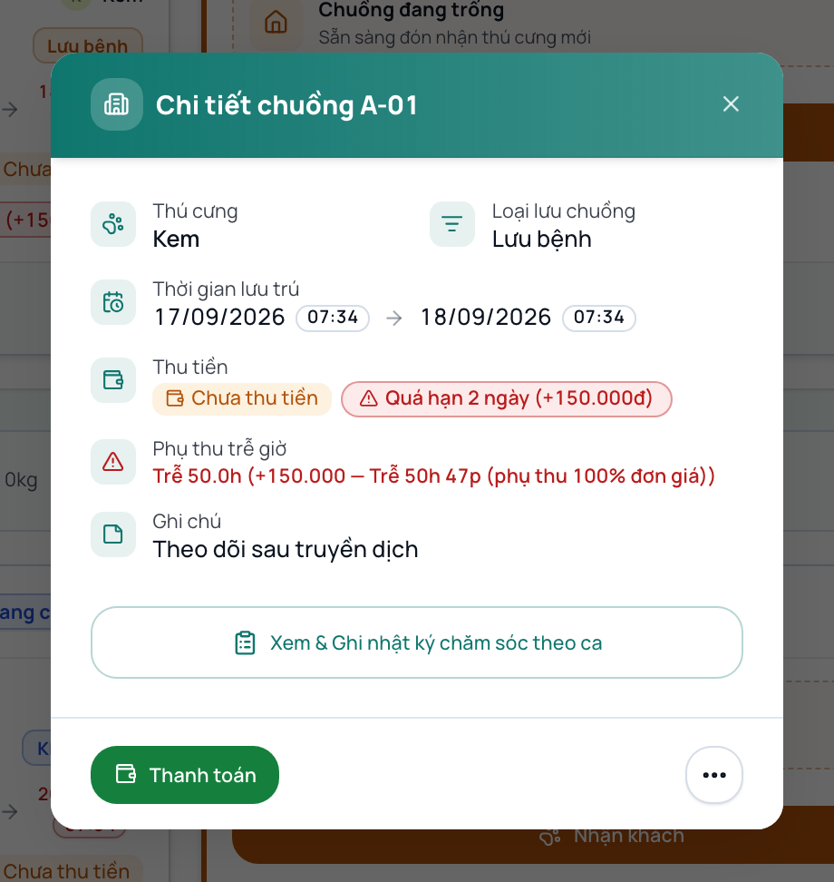 Hộp thoại chi tiết chuồng đang lưu trú