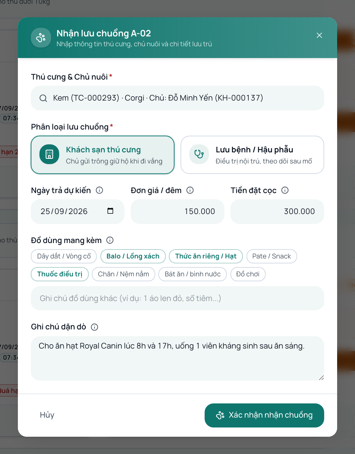 Hộp thoại nhận thú cưng vào chuồng