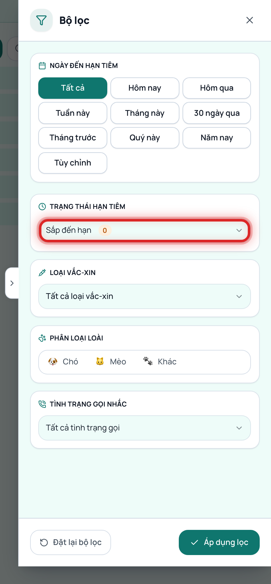 Bộ lọc trạng thái trên màn Sổ tiêm chủng