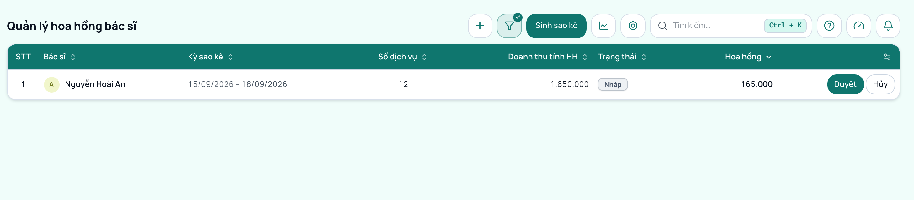 Màn hình quản lý hoa hồng bác sĩ toàn chi nhánh